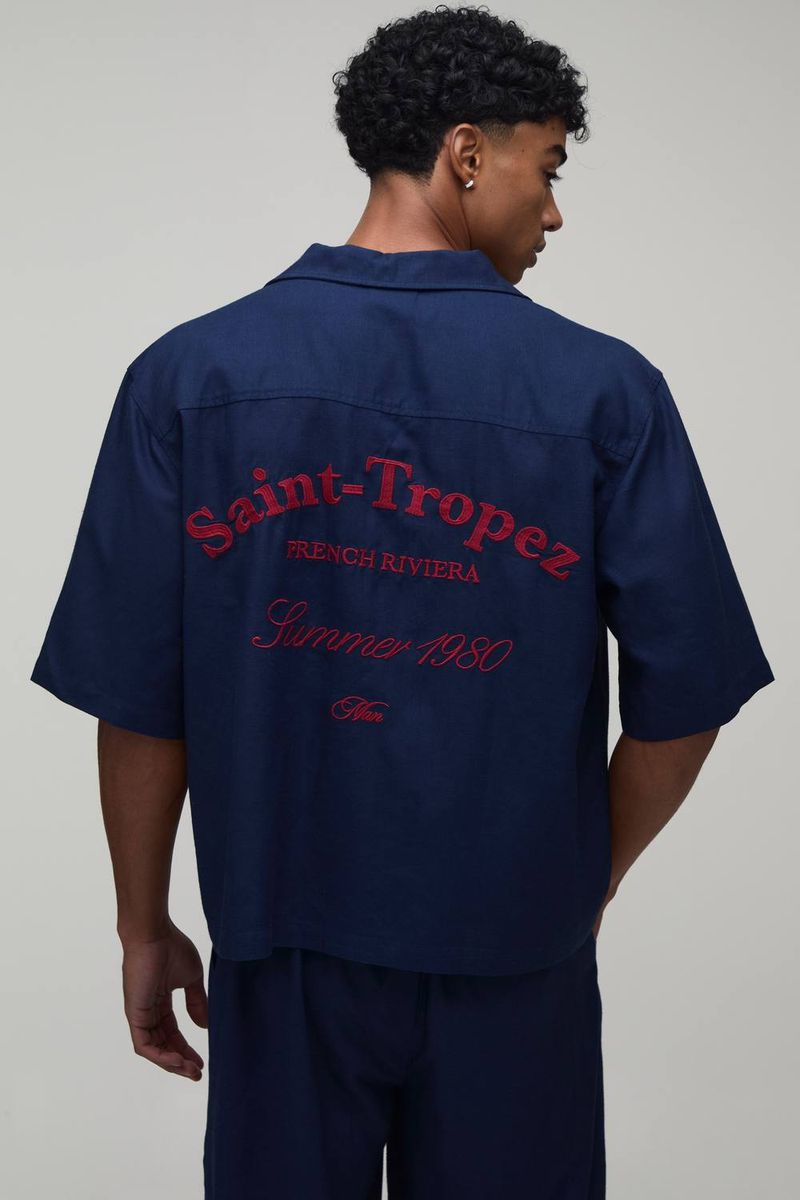 Herren Leinen-Set Mit Besticktem Saint Tropez Übergroßem Kastenförmigem Hemd & Entspannter Hose Navy Größe Medium