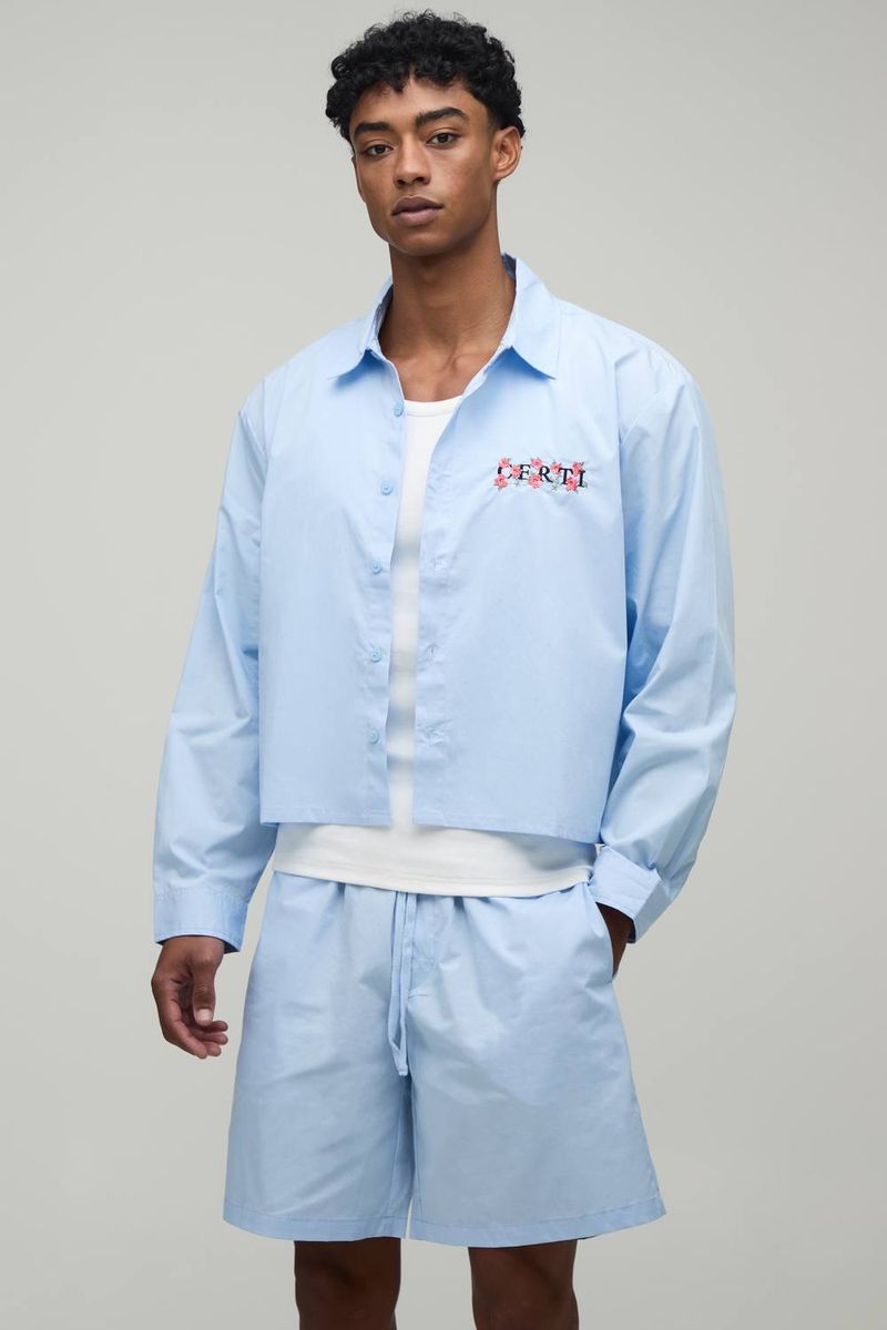 Herren Blumenbesticktes Hemd Und Weite Shorts Set In Regulärer Passform Light Blue Größe XL