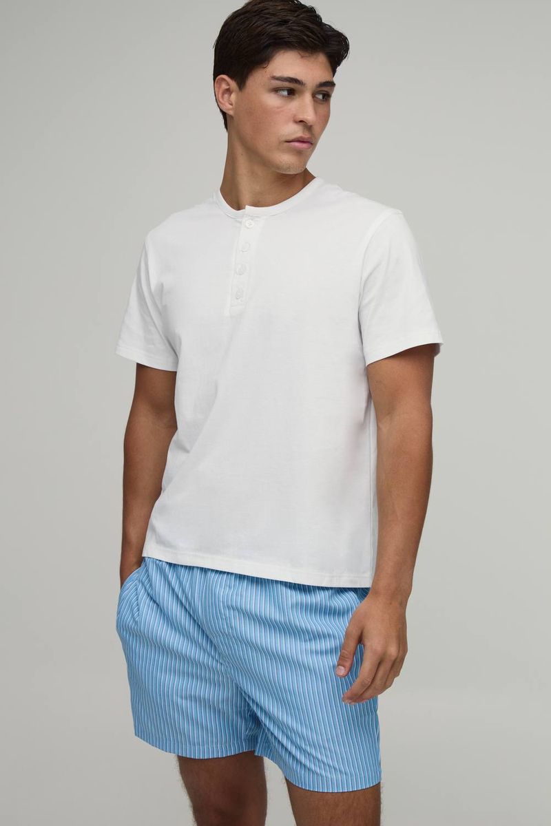 Herren Kurzarm Regular Fit Henley Oberteil & Kastenförmige Kurze Freizeit-Hose Set Blue Größe Large