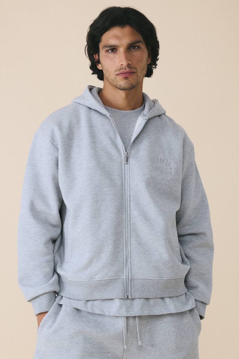 Herren 500 G/m² Schwerer Bestickter Kastenförmiger Kapuzenpullover Mit Reißverschluss Grey Größe XS