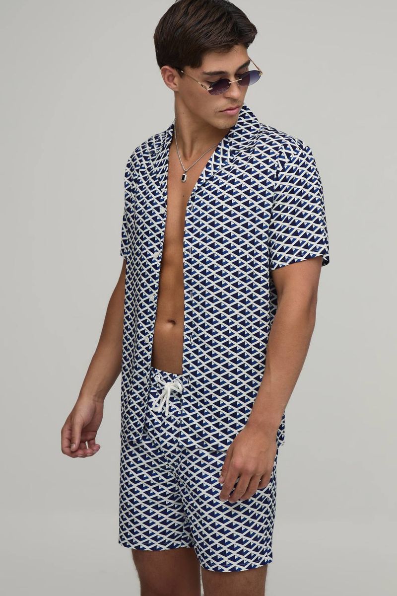 Herren Hemd & Badeshorts Set Mit Geo-Druck Navy Größe XL