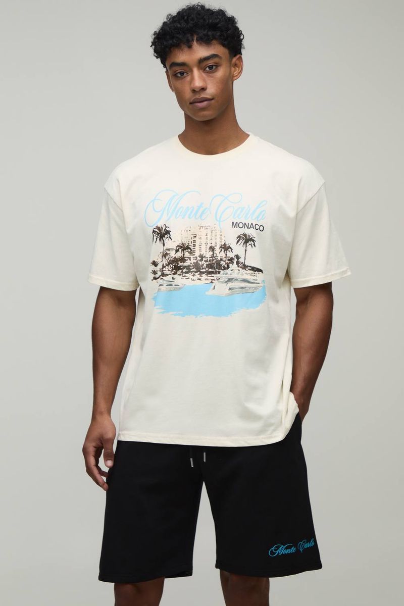 Herren Übergroßes T-Shirt & Shorts Set Mit Monte Carlo Druck Ecru Größe XL