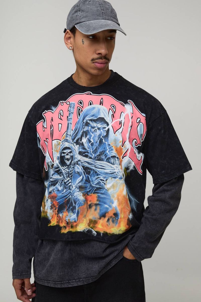 Herren Oversized Gewaschenes Gothic Grafik Distressed T-Shirt Washed Black Größe Small
