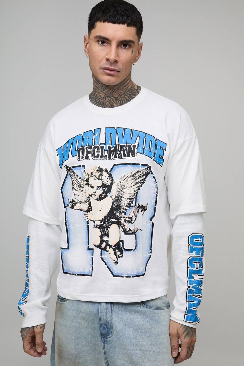 Herren Tall Oversized Boxy Worldwide Varsity Waffel Faux Layer Langarm T-Shirt White Größe Large