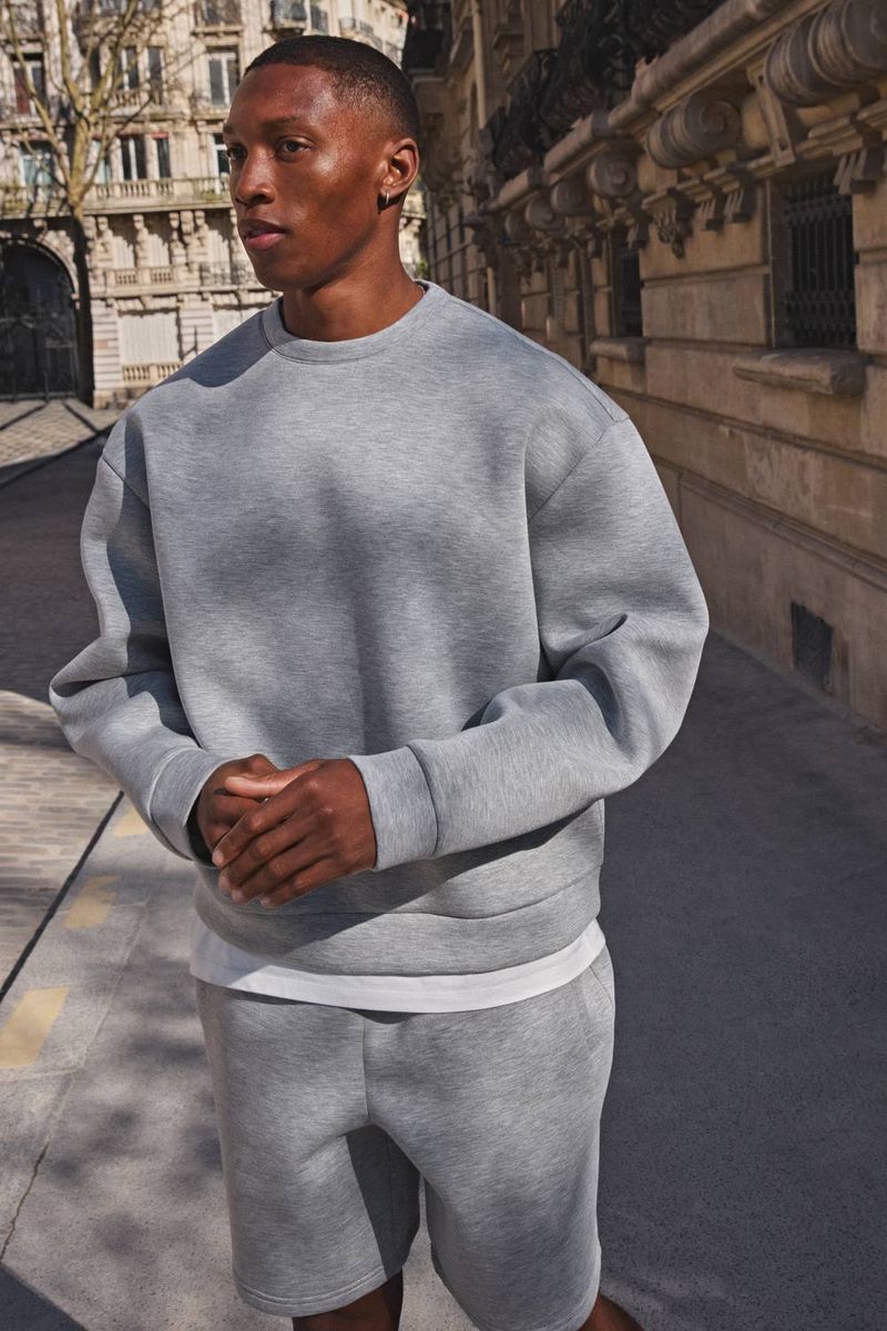 Herren Oversized Boxy Bonded Scuba Kurzes Sweatshirt Trainingsanzug Grey Marl Größe Large