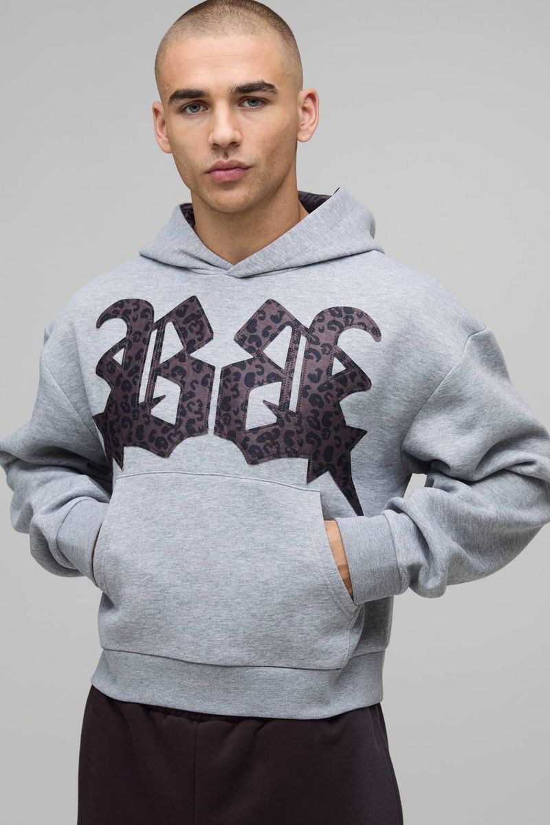 Herren Oversized Shrunken Boxy Hoodie Sweatshirt mit Leopardenmuster-Applikation Grey Marl Größe Medium