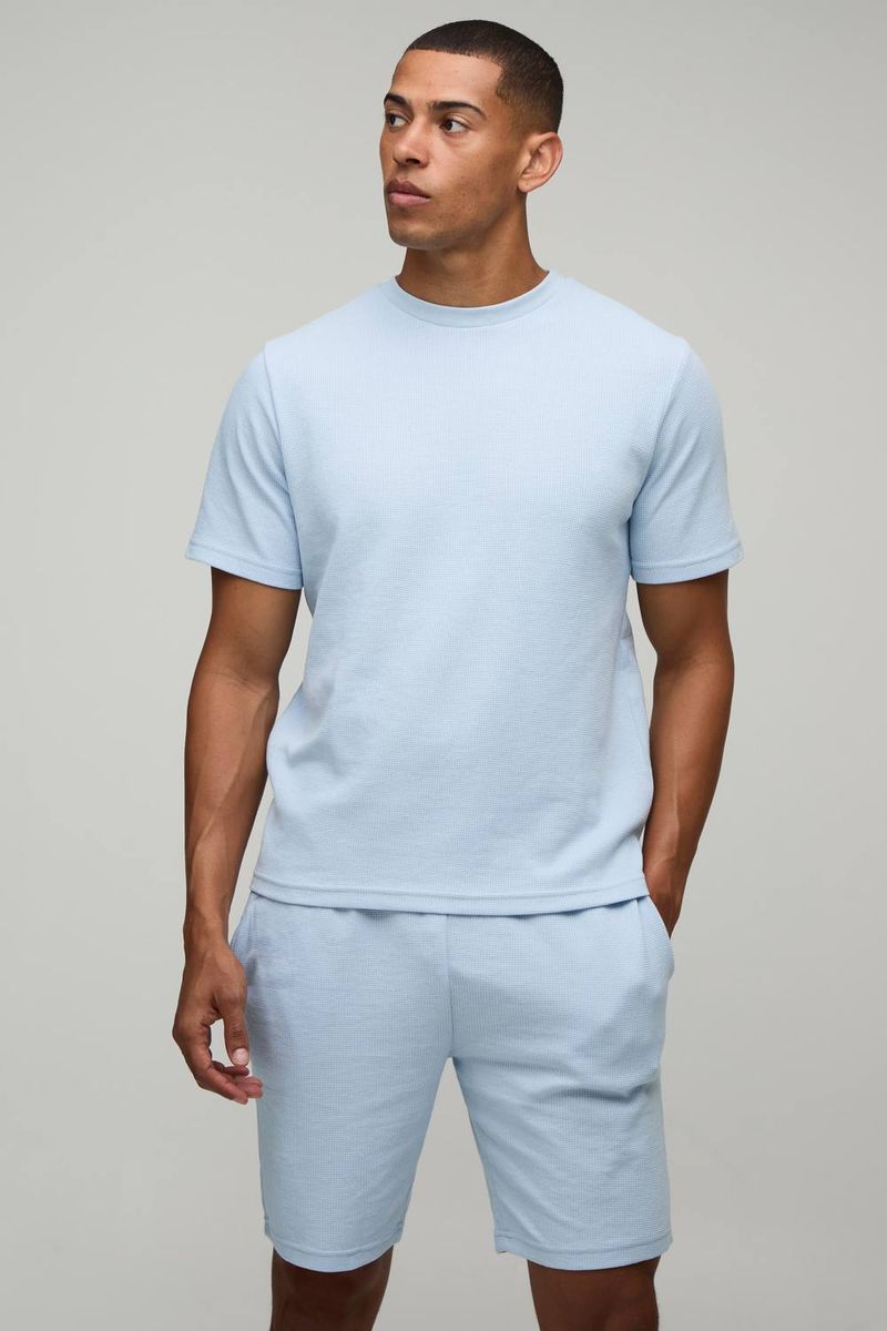 Herren Normal Geschnittenes Waffel-Oberteil & Shorts Set Dusty Blue Größe XS