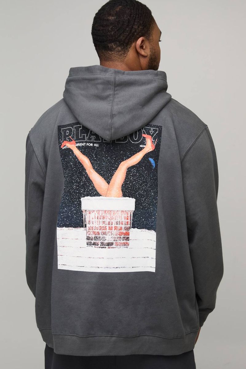 Herren Plus Oversized Playboy Weihnachts-Lizenz Bedruckter Hoodie Sweatshirt Charcoal Größe 2XL