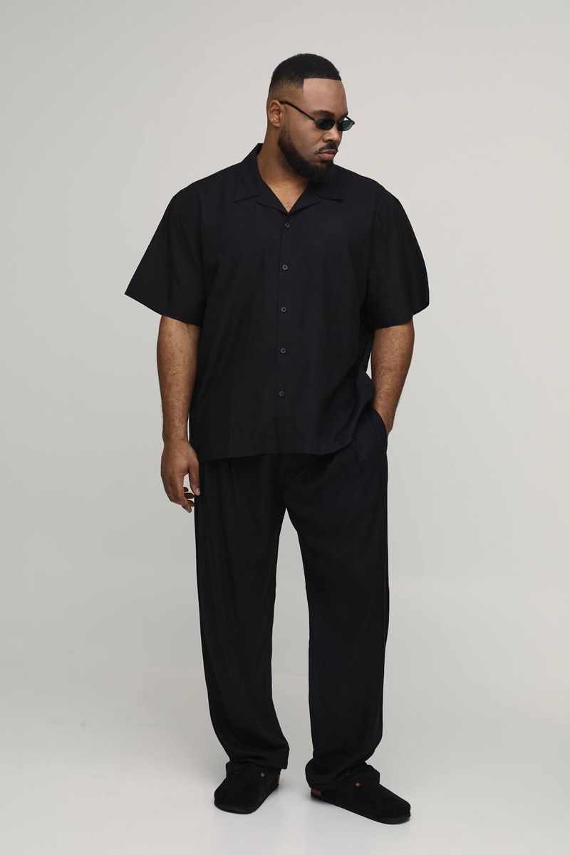 Herren Plus Holiday Leinen-Mix Oversized Hemd & Entspannte Hosen Set Black Größe 5XL