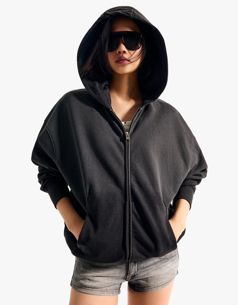 Sweat Zippé À Capuche Oversize Xs Gris Foncé