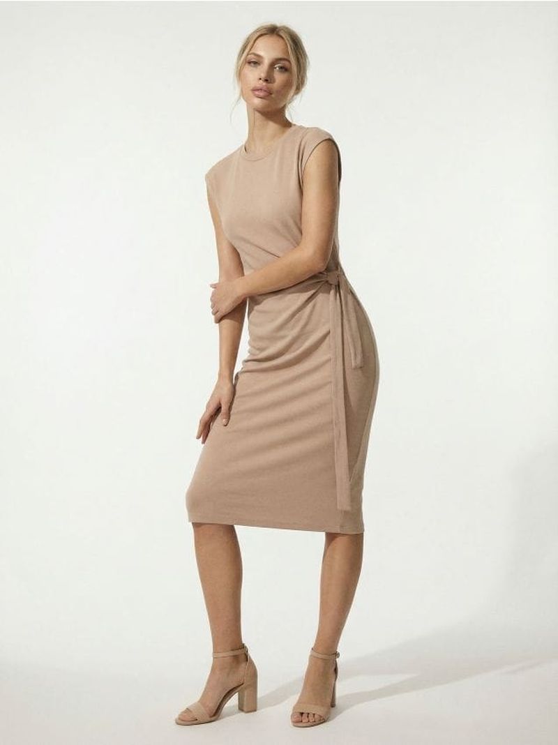 Vestito midi in cotone con fiocco decorativo e spacco - beige