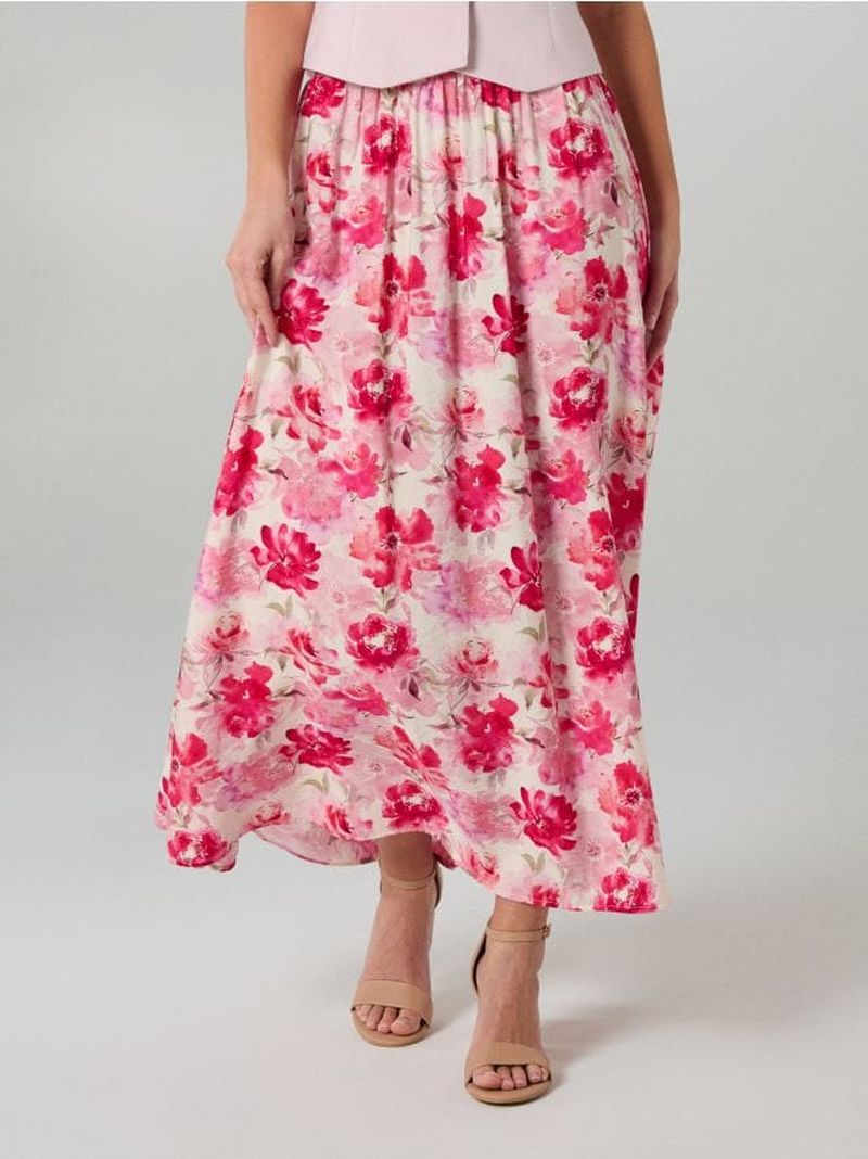 Gonna midi a fiori in tessuto con viscosa - multicolor