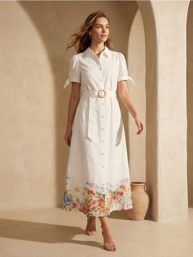 Abito midi chemisier con cintura e fondo floreale - multicolor