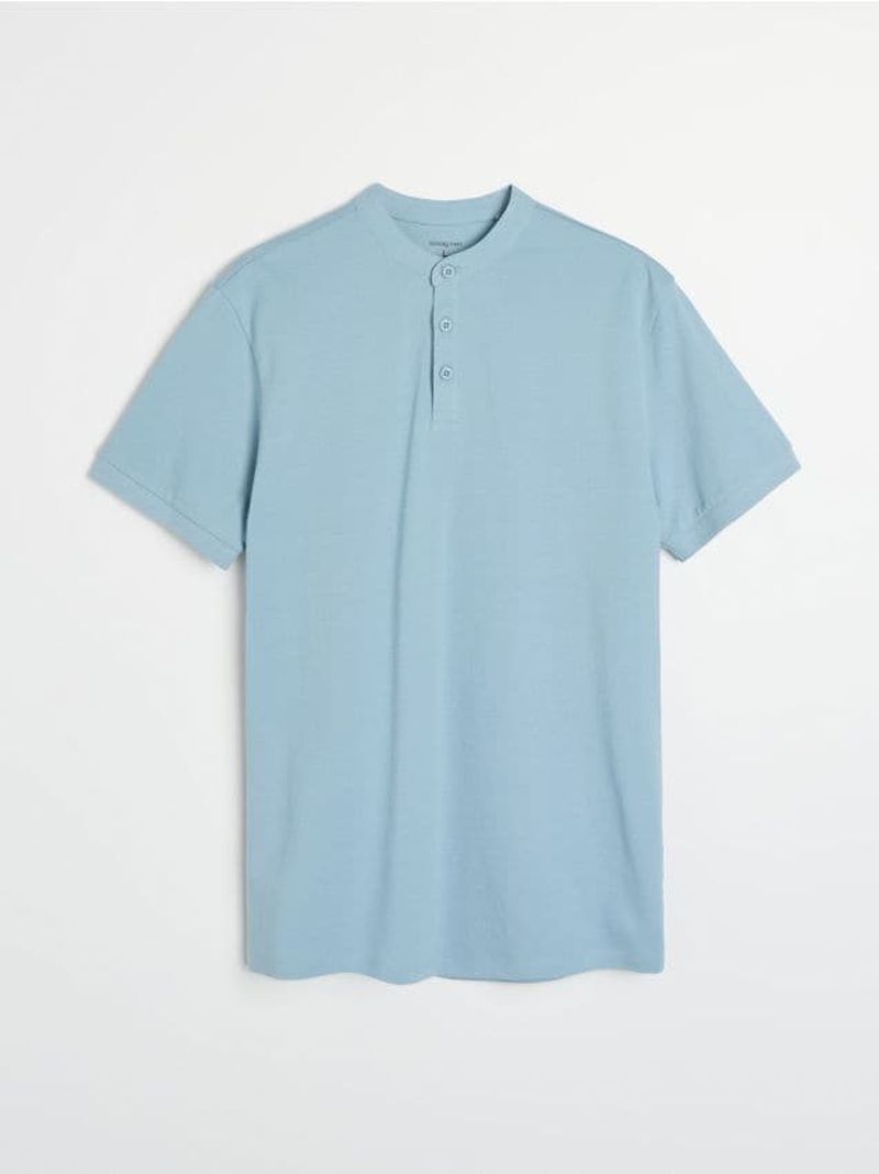 Polo in cotone con colletto alla coreana - blu pallido