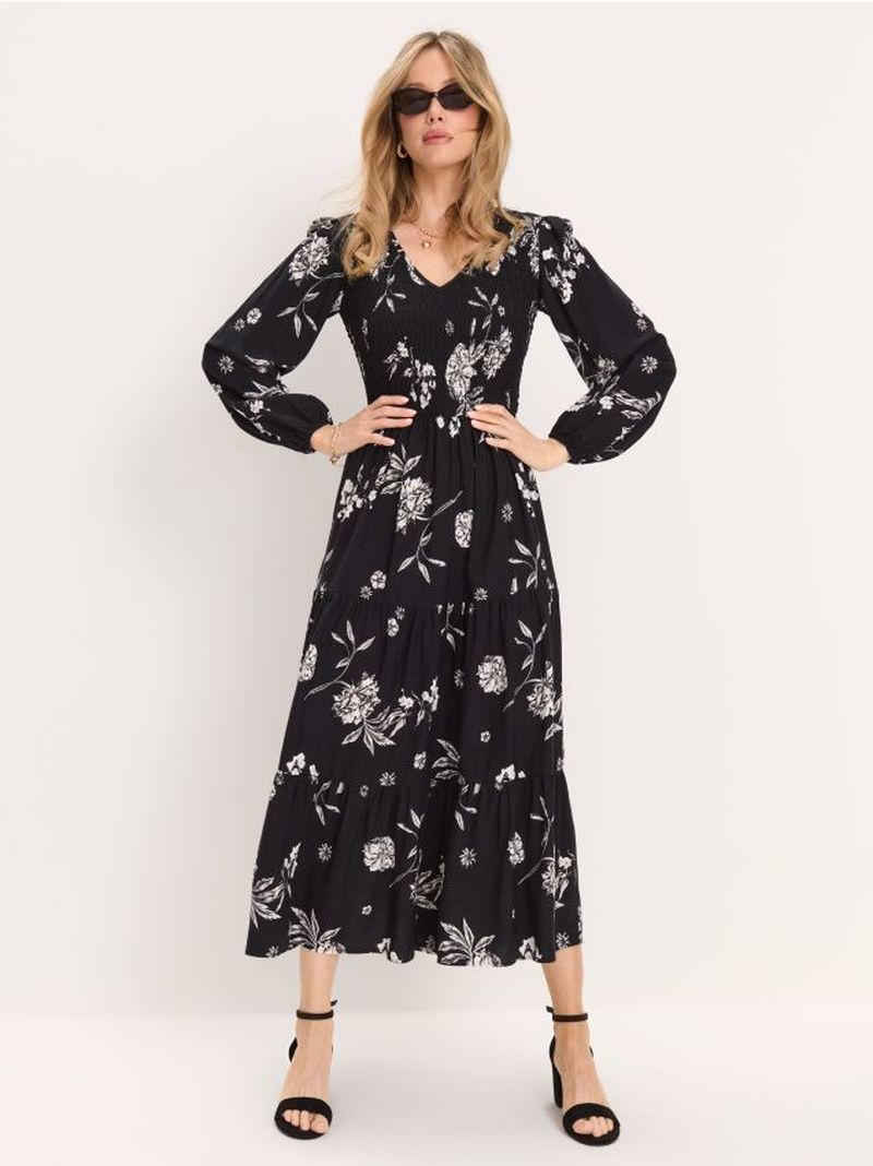 Abito midi in viscosa con effetto a balze e stampa floreale - multicolor