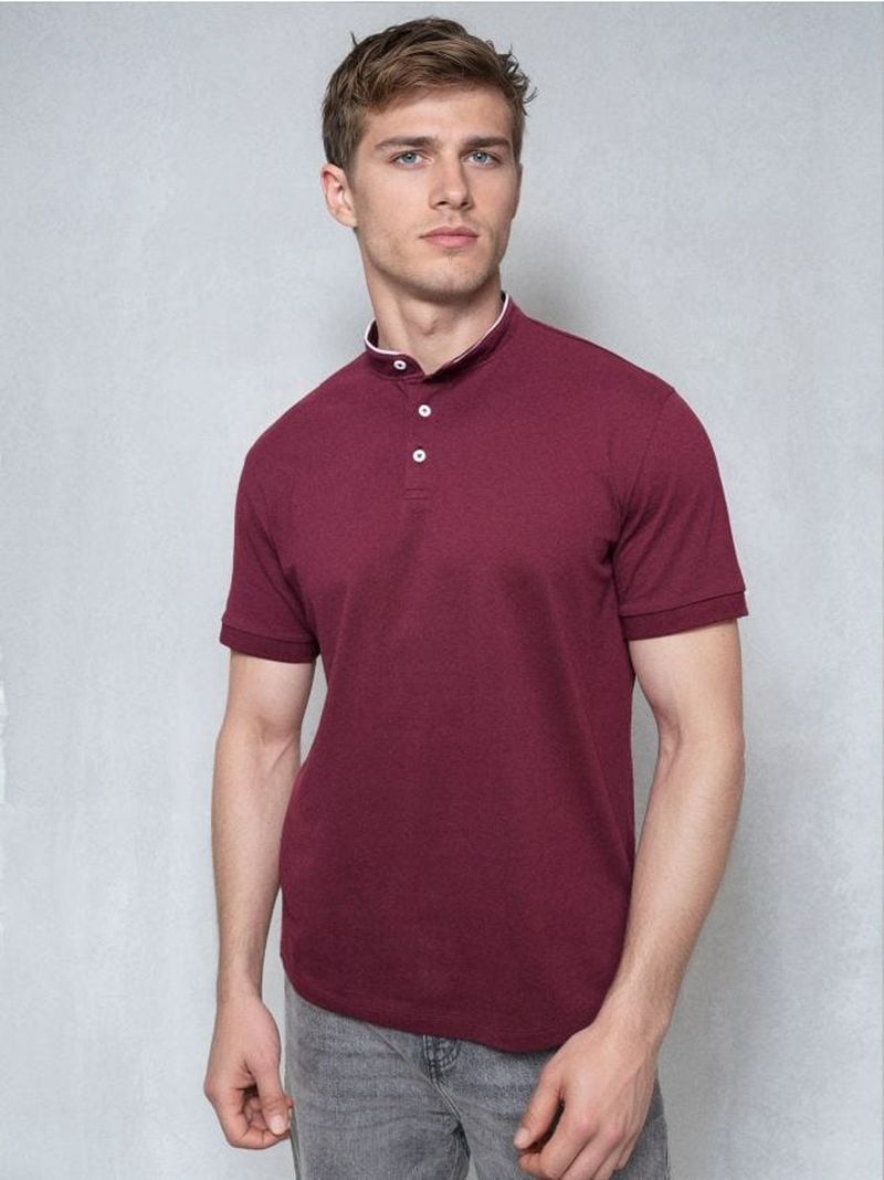 Polo in cotone con colletto alla coreana - maroon