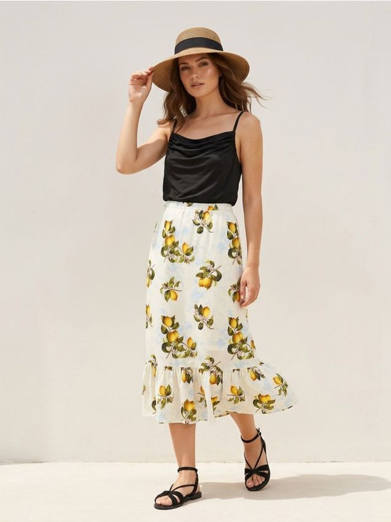 Gonna midi in cotone con volant a stampa limoni - multicolor