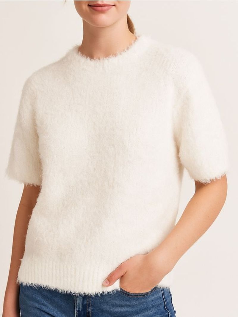 Blusa morbida a maniche corte con scollo rotondo - bianco