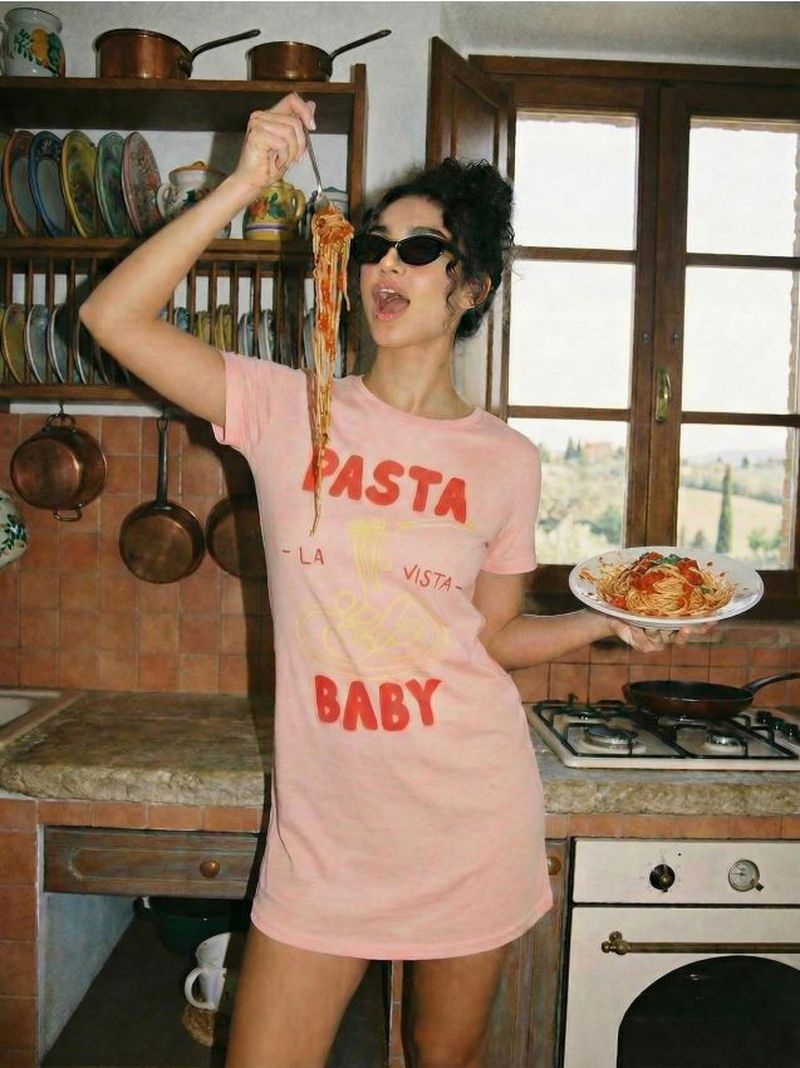 Camicia da notte in cotone con scritta Pasta Baby - corallo