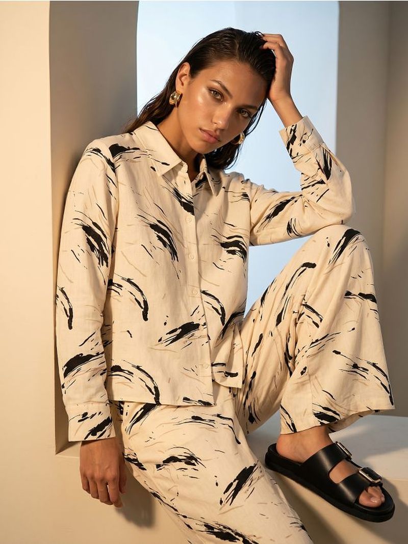 Camicia con motivo astratto in viscosa con miscela di lino - multicolor