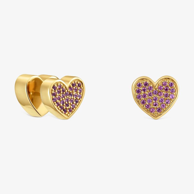 Pendientes Corazón Con Baño De Oro 18 Kt Sobre Plata Y Rodolitas 1950