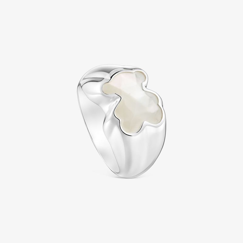 Mittelgroßer Ring Icon Color Aus Silber Mit Bärenmotiv Aus Perlmutt Größe N8