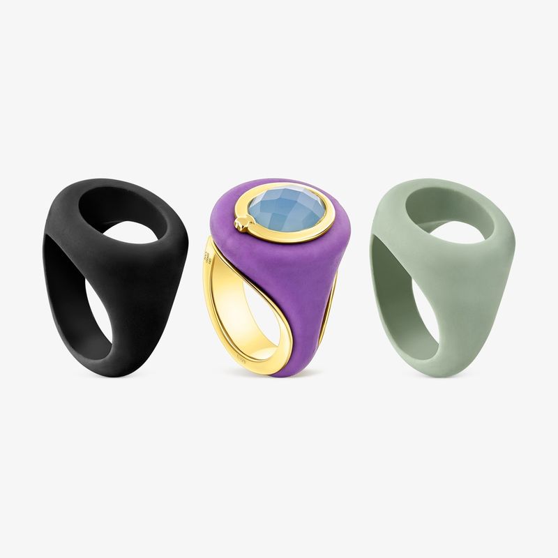 Anillo Sello Con Baño De Oro 18 Kt Sobre Plata, Fundas Intercambiables Y Calcedonia Virtual Garden Talla 12